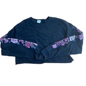 Crop Top Black Long Sleeve Floral Design Size Small